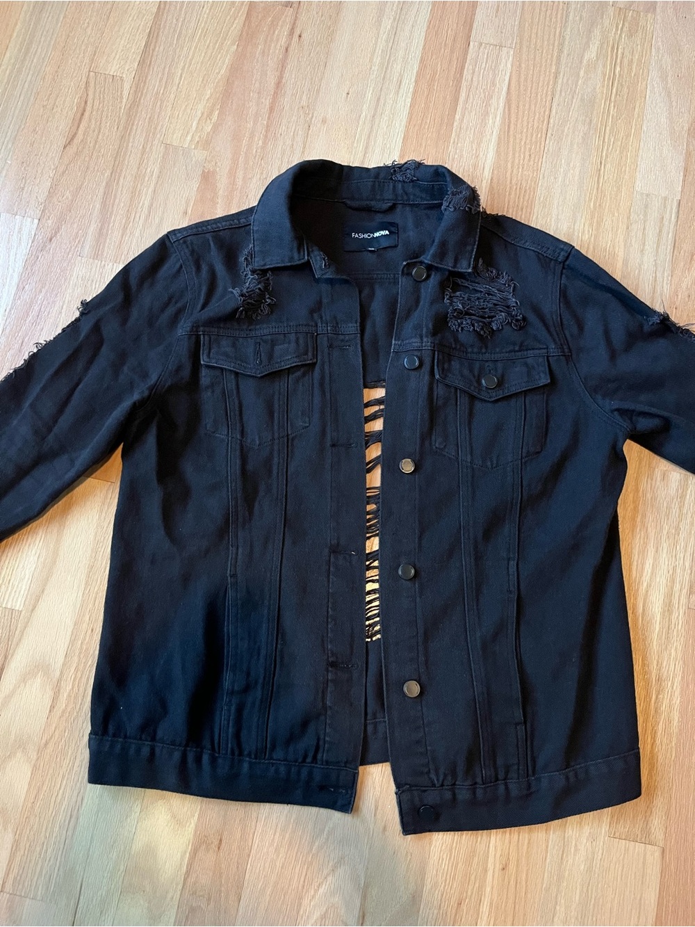 Fashion Nova Black Distressed Denim Jacket